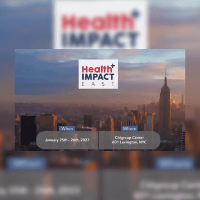 Event graphic: Health Impact East over city skyline