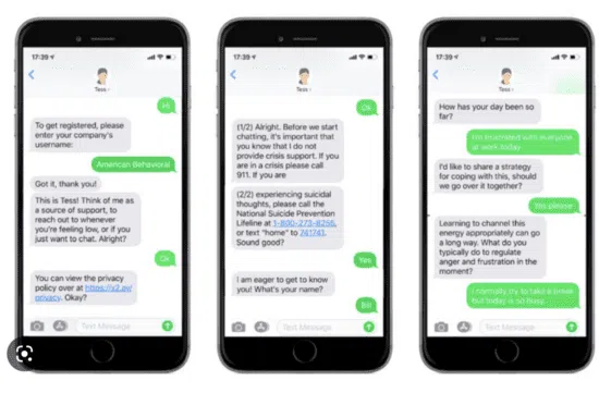 Three smartphones displaying mental health chatbot conversations