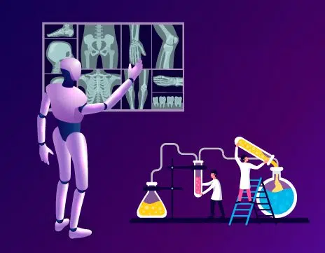 Robot and scientists in lab with X-rays