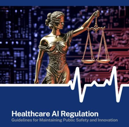 Lady Justice with scales, circuitry, and heartbeat
