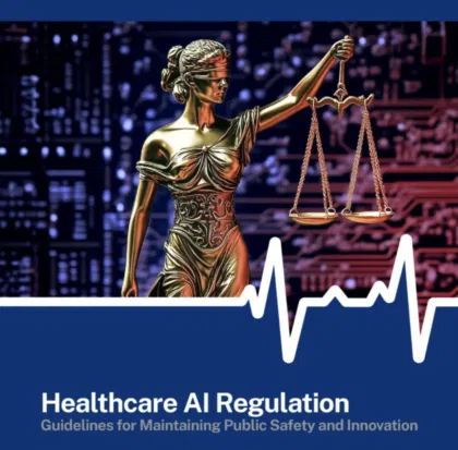 Lady Justice with scales, circuitry, and heartbeat