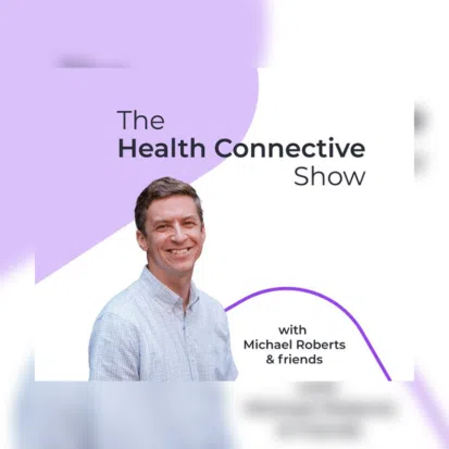 Podcast cover: smiling host, purple branding