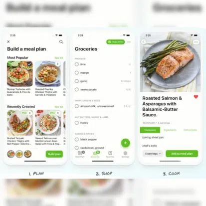 Meal planning app screens: plan, groceries, recipe