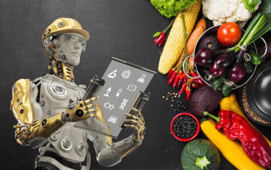 Robot with tablet next to assorted vegetables