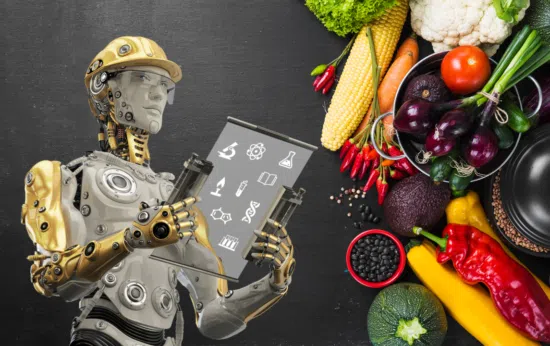 Robot with tablet next to assorted vegetables
