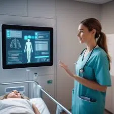 Nurse viewing patient data on bedside monitor