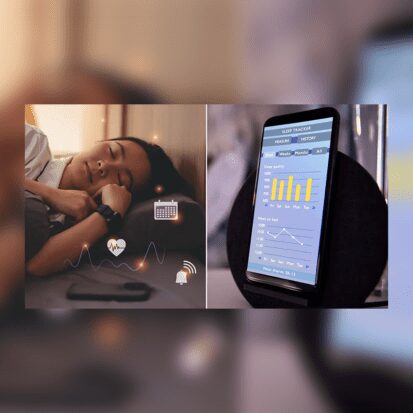 Woman sleeping with smartwatch and sleep app