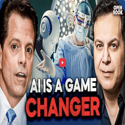 Two men flanking robot surgeon with AI text