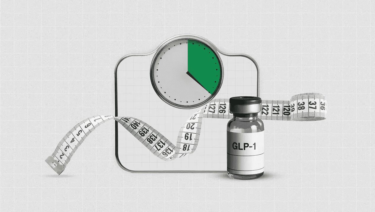 GLP-1 weight-loss vial with scale and measuring tape