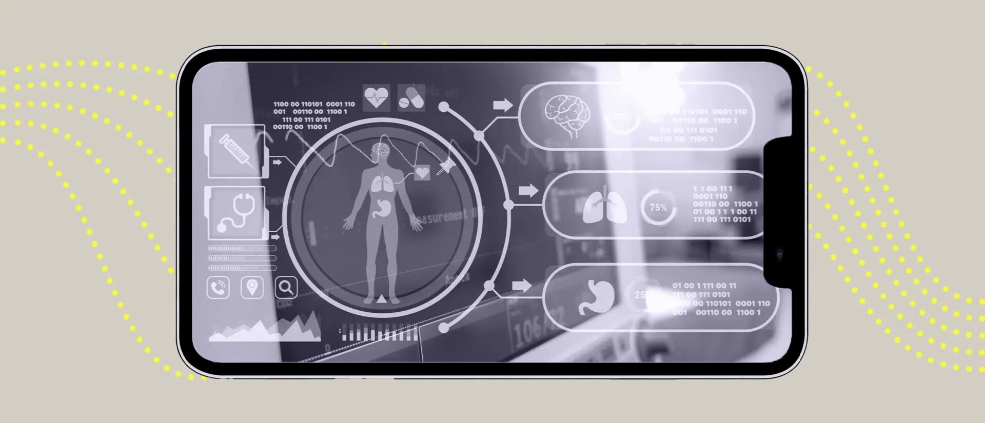 Smartphone displaying mobile health diagnostics dashboard