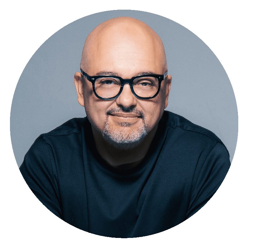 Portrait of smiling bald man with glasses